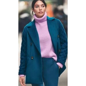 Ann Taylor Wool Blend Coatigan Size XS Teal Blue Double Breasted Cableknit NWT